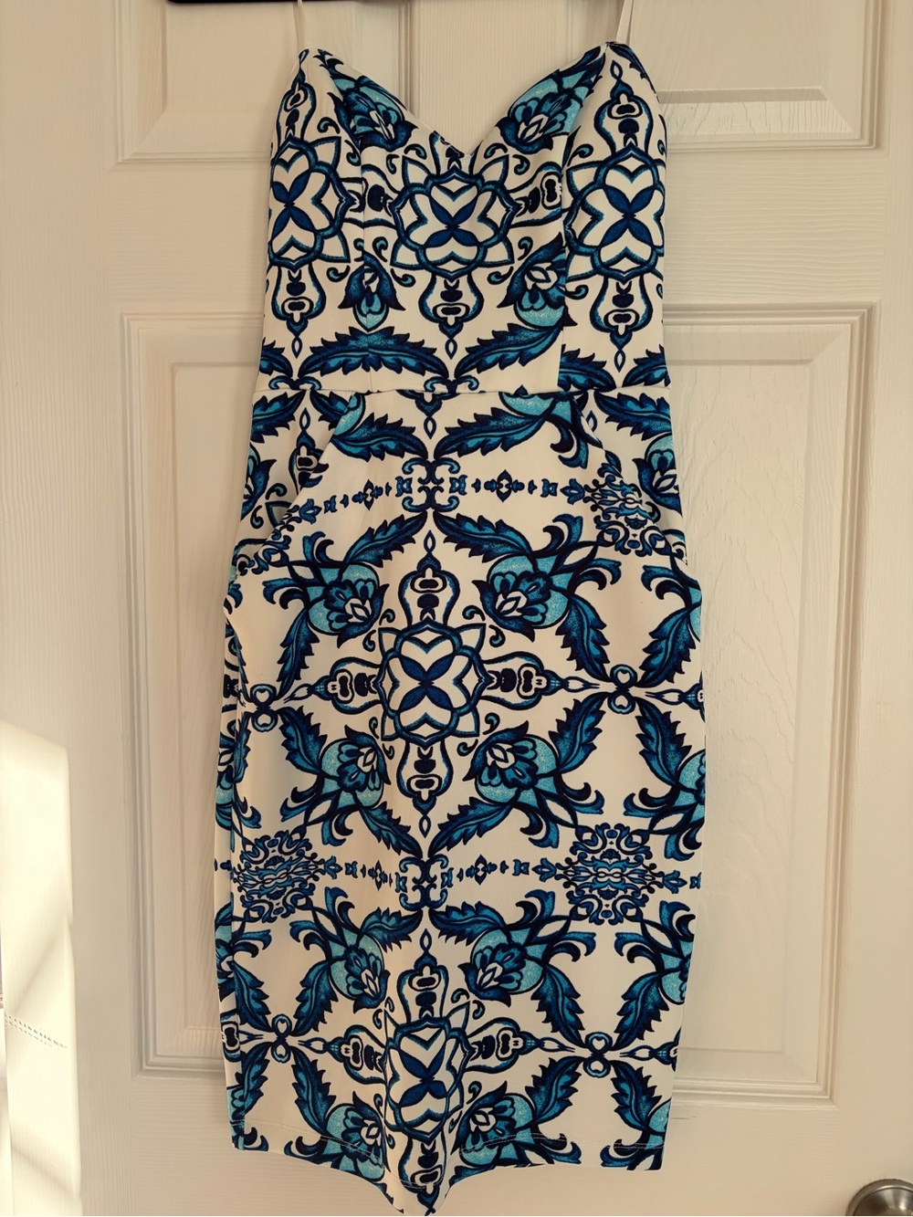 B Darlin White Dress with Blue Tile Floral Print